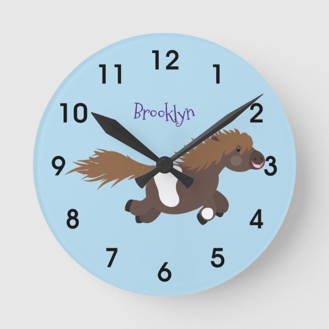 Cute running Shetland pony cartoon illustration Round Clock (Front)