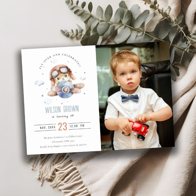 Cute Rust Blue Aeroplane Teddy Stars Photo Birthda Invitation (Creator Uploaded)