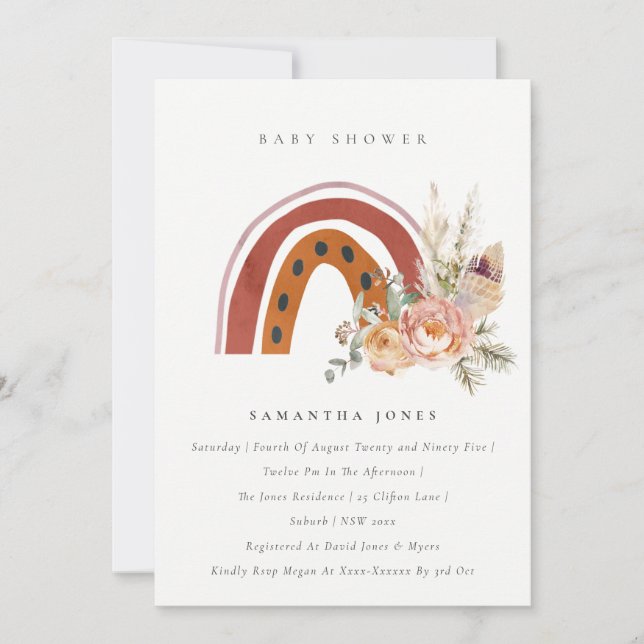 Cute Rust Boho Floral Rainbow Baby Shower Invite (Front)