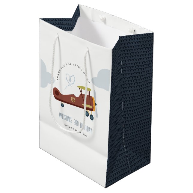Cute Rust Green Blue Biplane Cloud Heart Birthday Medium Gift Bag (Front Angled)