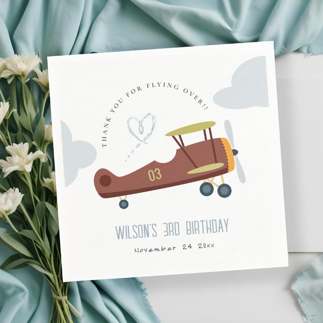 Cute Rust Green Blue Biplane Cloud Heart Birthday Napkin (Creator Uploaded)