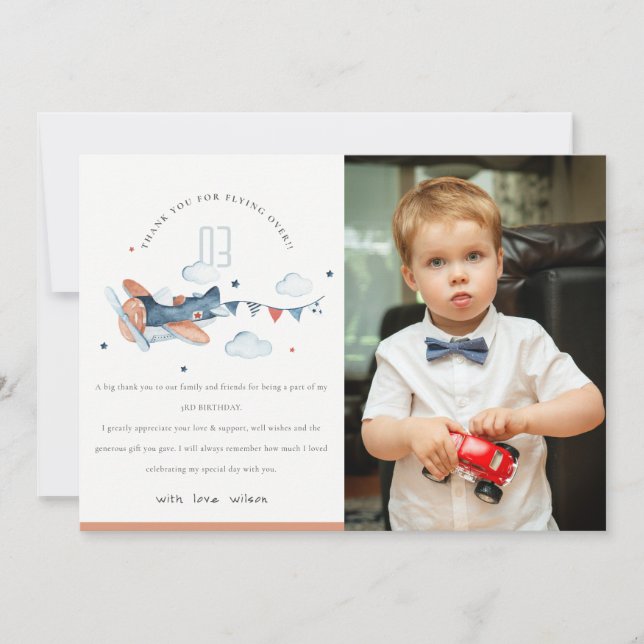 Cute Rust Navy Plane Clouds Kids Photo Birthday Thank You Card (Front)