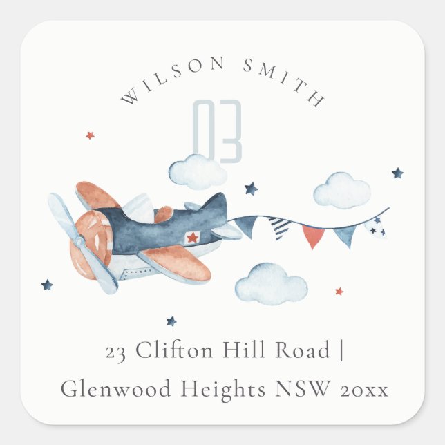 Cute Rust Navy Plane Clouds Stars Sky Address Square Sticker (Front)