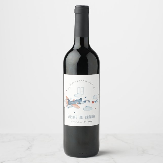 Cute Rust Navy Plane Stars Sky Cloud Kids Birthday Wine Label (Front)