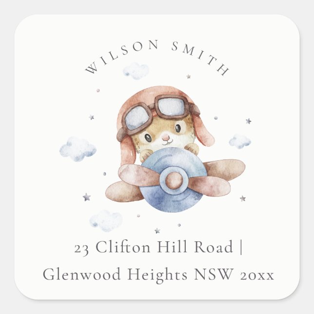 Cute Rust Navy Plane Teddy Cloud Stars Sky Address Square Sticker (Front)