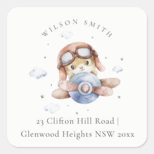 Cute Rust Navy Plane Teddy Cloud Stars Sky Address Square Sticker