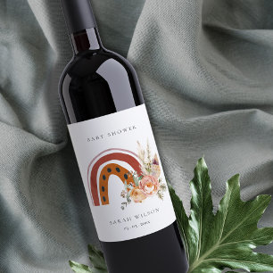Cute Rust Orange Boho Floral Rainbow Baby Shower Wine Label
