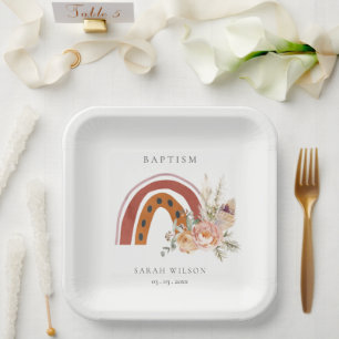 Cute Rust Orange Boho Floral Rainbow Cross Baptism Paper Plate