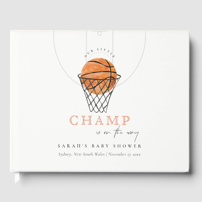 Cute Rust Our Little Champ Basketball Baby Shower Guest Book (Front)