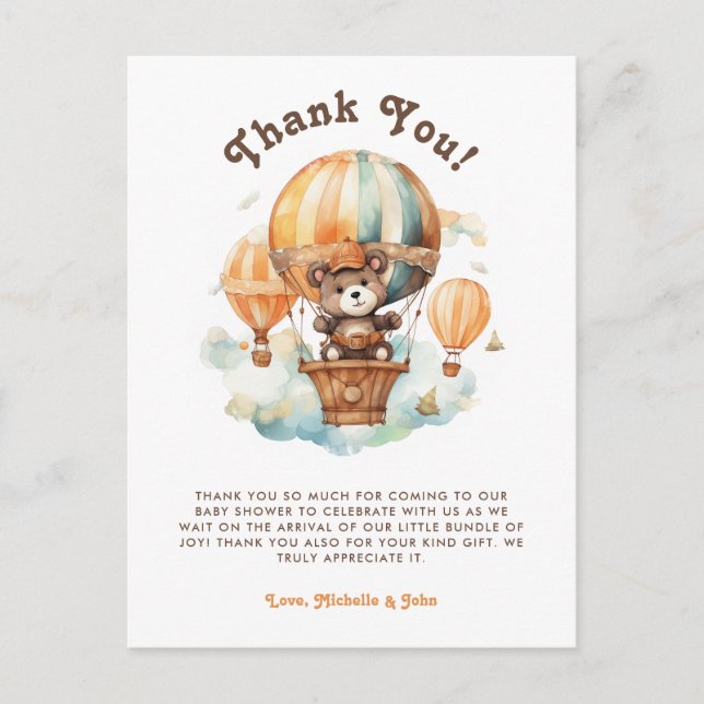 Cute Rustic Bear with Balloons baby Shower Postcard (Front)