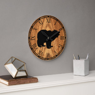 cute rustic black bear large clock