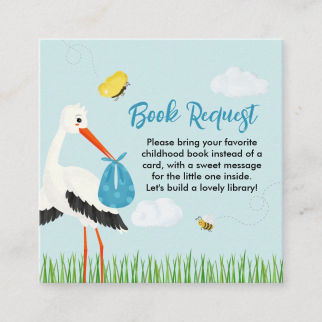 Cute Rustic Blue Stork Baby Shower Enclosure Card (Front)