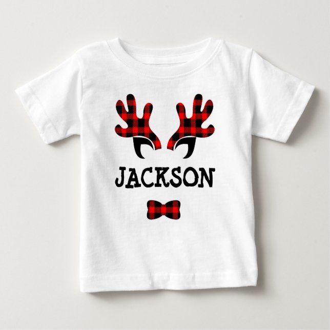 Cute Rustic Buffalo Plaid Reindeer Antlers Name Baby T-Shirt (Front)