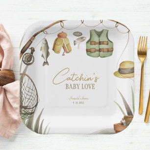 Cute Rustic Catchin' Baby Love Baby Baby Shower Paper Plate