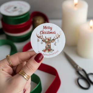 Cute Rustic Christmas Deer Ornaments Holiday Classic Round Sticker