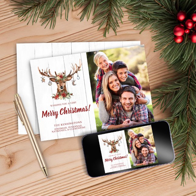 Cute Rustic Christmas Deer Ornaments Holiday Photo (Cute Rustic Christmas Deer Ornaments Holiday Photo Cards)