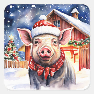 Cute Rustic Christmas Hog and Barn Square Sticker