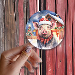 Cute Rustic Christmas Pig and Barn Large Classic Round Sticker<br><div class="desc">Cute Christmas pig themed stickers with a watercolor style hog standing in front of a barn on a snowy winter day.</div>