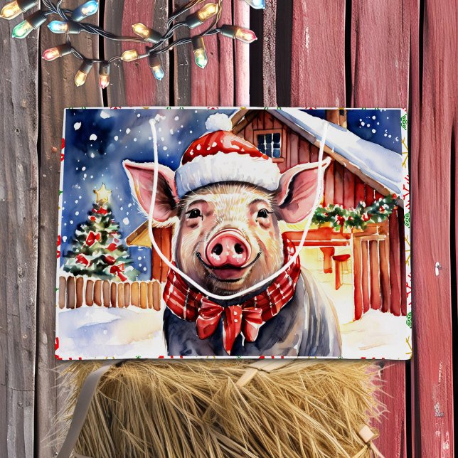 Cute Rustic Christmas Pig and Barn  Large Gift Bag (Creator Uploaded)