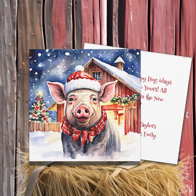 Cute Rustic Christmas Pig and Barn Pesronalized Card (Creator Uploaded)