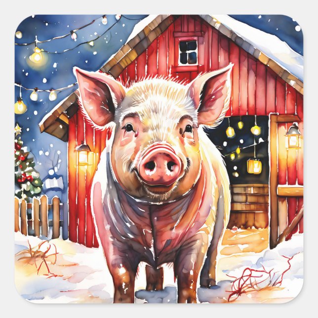 Cute Rustic Christmas Pig and Barn Square Sticker (Front)