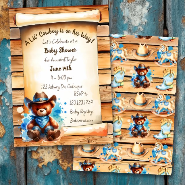 Cute Rustic Cowboy Teddy Bear Boy's Baby Shower Invitation (Creator Uploaded)