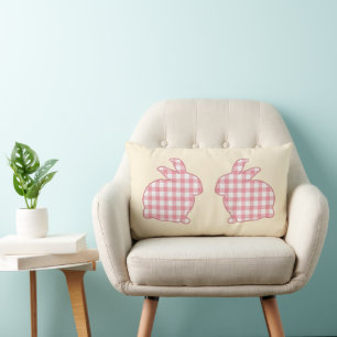 Cute Rustic Easter Bunnies Pink Gingham Plaid Lumbar Cushion