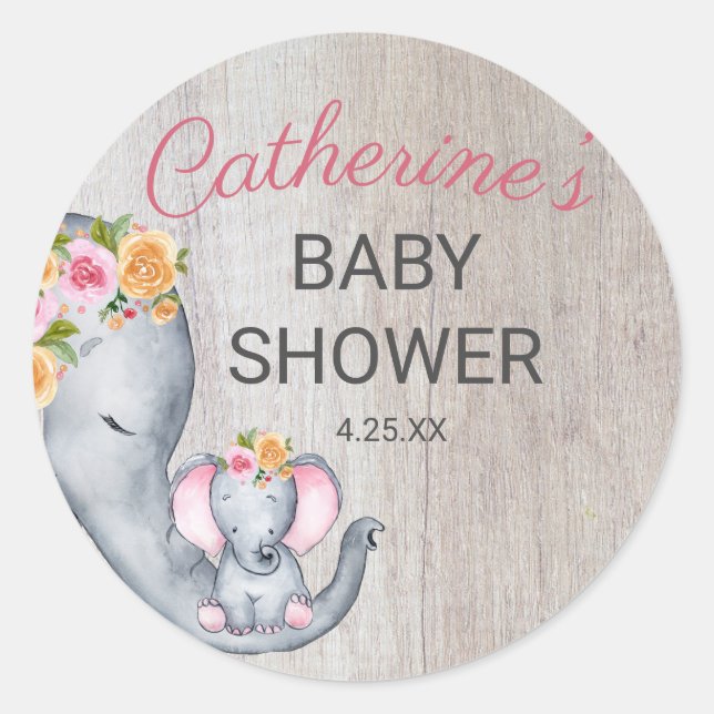 Cute Rustic Elephant Girl Baby Shower Classic Round Sticker (Front)