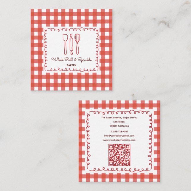 Cute Rustic Farmhouse Gingham Bakery Square Business Card (Front/Back)