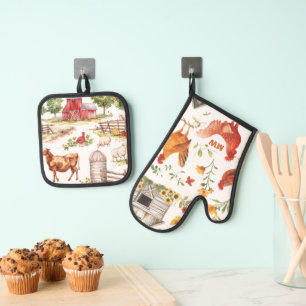 Cute Rustic Farmhouse Oven Mitt & Pot Holder Set
