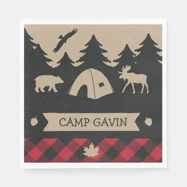 Cute Rustic Flannel Camping Birthday Party  Napkin (Front)