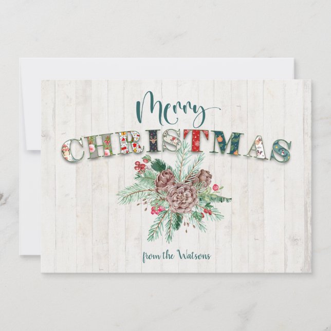 Cute Rustic Floral Merry Christmas Typography Holiday Card (Front)
