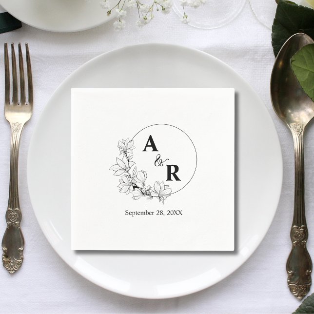 Cute Rustic Floral Wreath Custom Wedding Initials Napkin (Rustic floral wreath custom initials napkins add a charming personal touch to your wedding table)