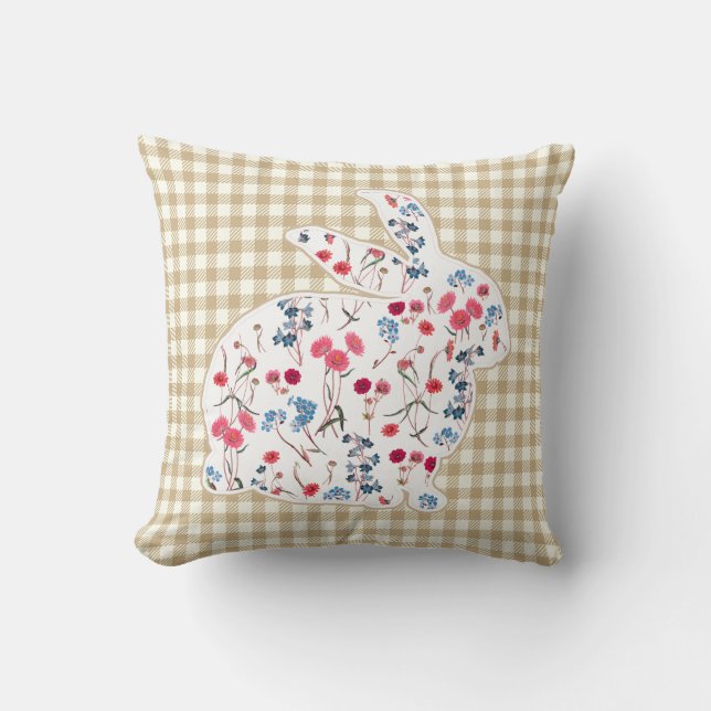 Cute Rustic Flower Easter Rabbit Beige Plaid Cushion (Front)