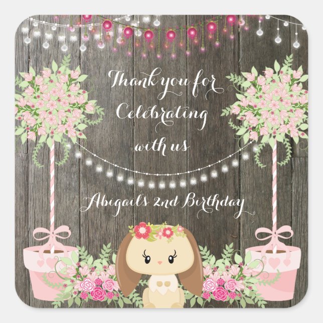 Cute Rustic Girl Bunny, Pink Flowers Birthday Square Sticker (Front)