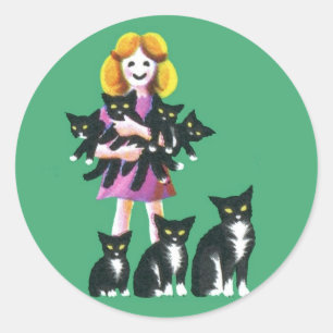 Cute Rustic Girl with Cats Pastel Drawing Classic Round Sticker