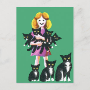Cute Rustic Girl with Cats Pastel Drawing Postcard