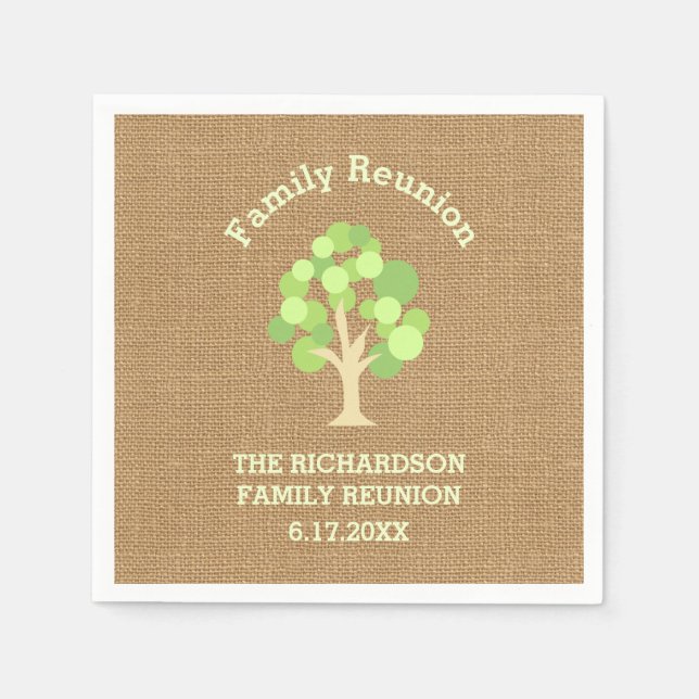 Cute Rustic Green Tree and Burlap Family Reunion Napkin (Front)