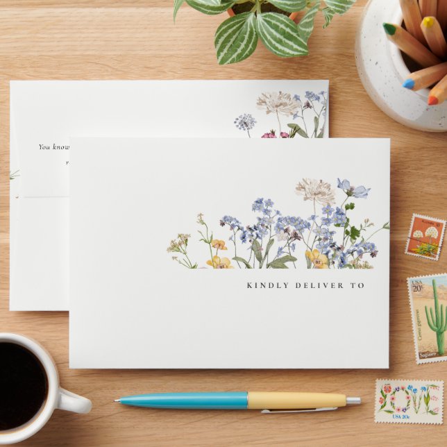 Cute Rustic Meadow Floral Wildflower Wedding Envelope (Desk)