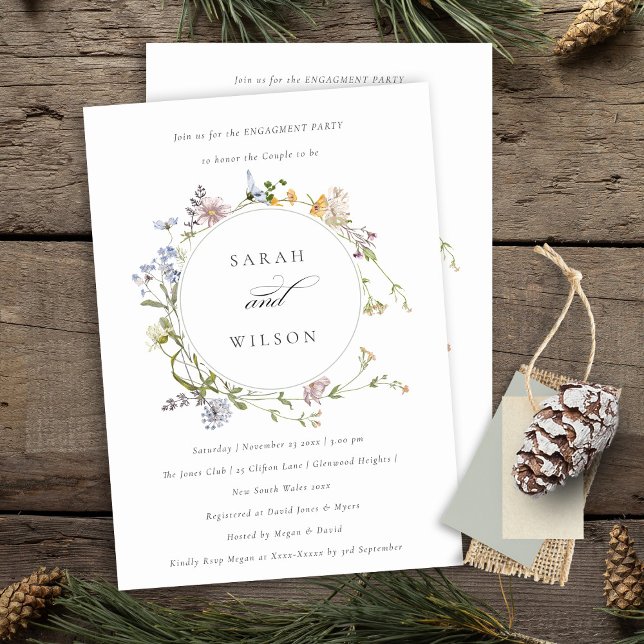 Cute Rustic Meadow Floral Wreath Engagement Invitation (Creator Uploaded)