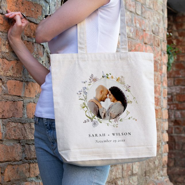 Cute Rustic Meadow Floral Wreath Photo Wedding Tote Bag (Creator Uploaded)