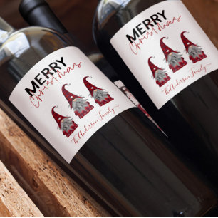 Cute Rustic Merry Christmas Family Name Gnomes Wine Label