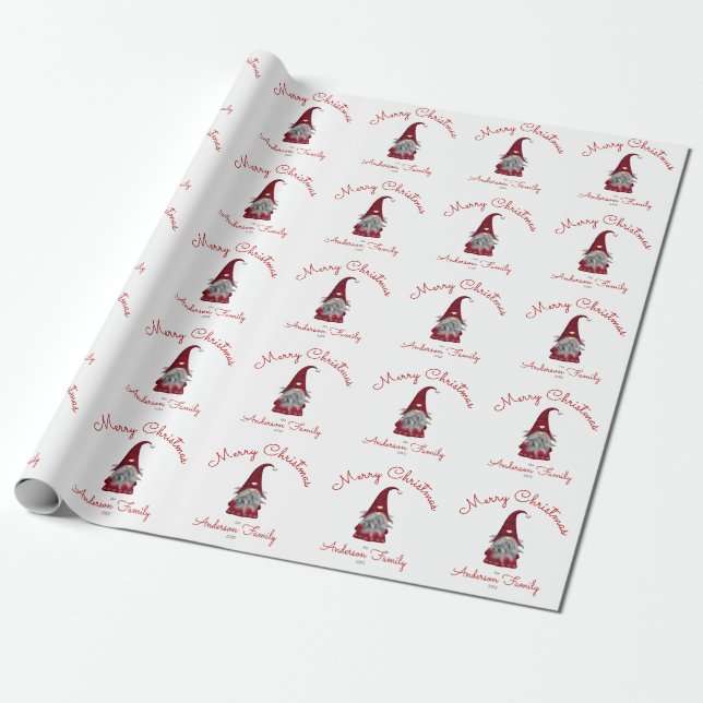 Cute Rustic Personalised Merry Christmas Gnome Wrapping Paper (Unrolled)