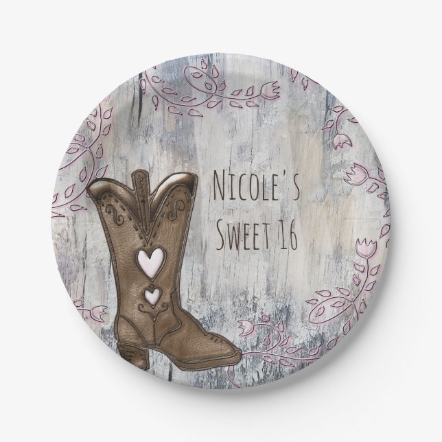 Cute Rustic Pink Cowgirl Heart Boots Bridal Shower Paper Plate (Front)