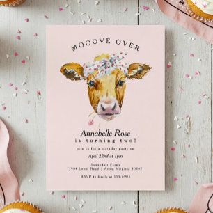 Cute Rustic Pink Farm Girl Cow Birthday Invitation