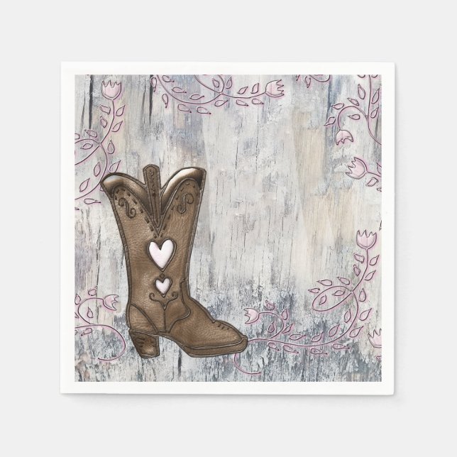 Cute Rustic Pink Heart Cowgirl Boots Bridal Shower Napkin (Front)