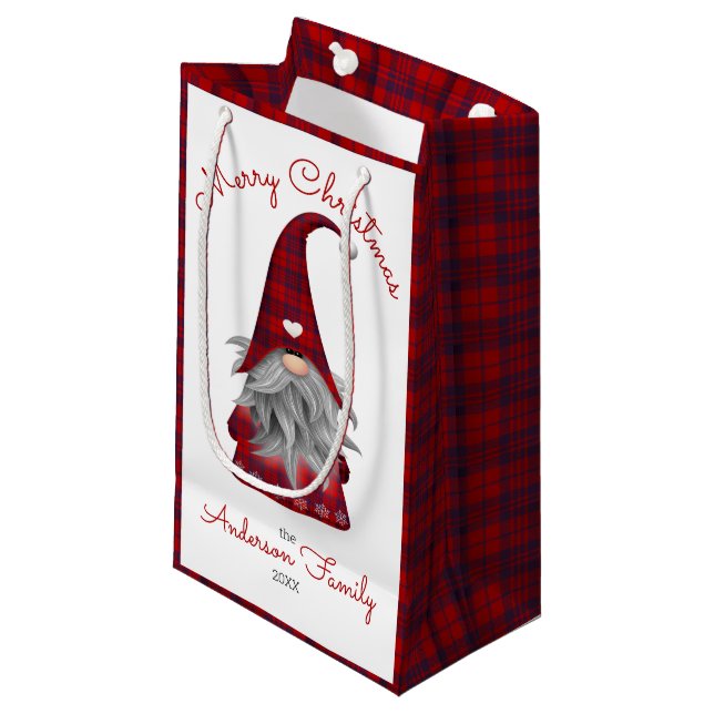 Cute Rustic Plaid Family Merry Christmas Gnome Small Gift Bag (Front Angled)