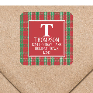 Cute Rustic Plaid Monogram Holiday Return Address Square Sticker