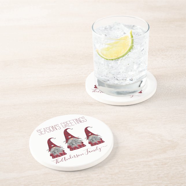 Cute Rustic Plaid Personalised Christmas Gnome Elf Coaster (Side)