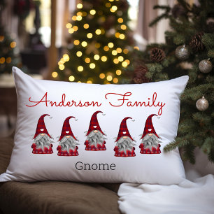 Cute Rustic Plaid Personalised Christmas Gnome Elf Lumbar Cushion